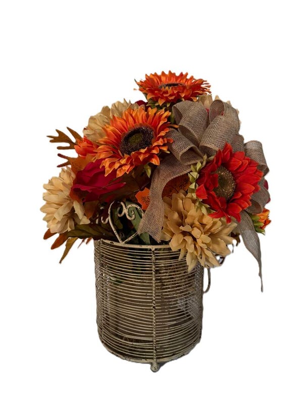 Sunflower Charm Vintage Wire Basket Arrangement