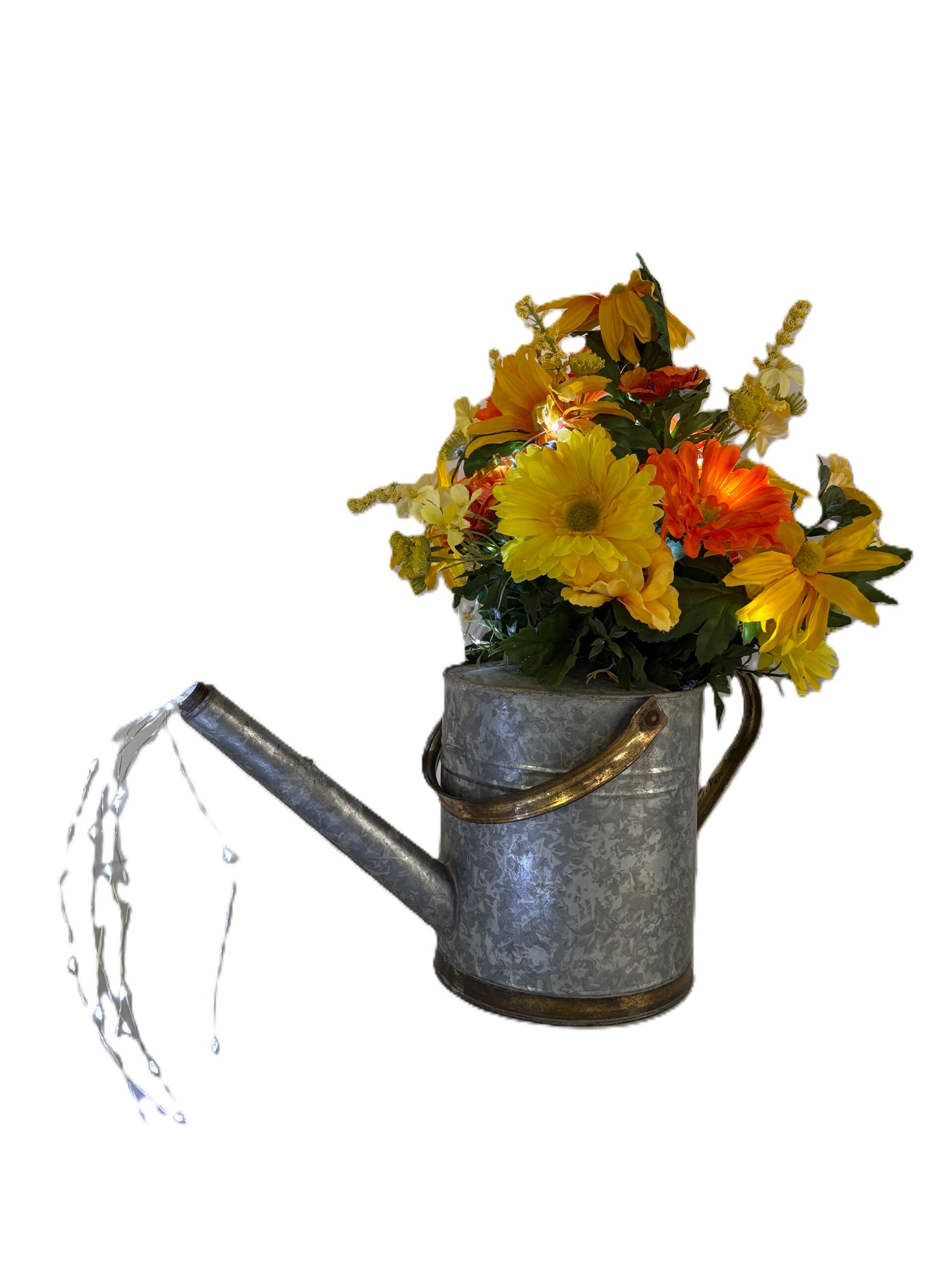 Fall Floral Lighted Watering Can Arrangement