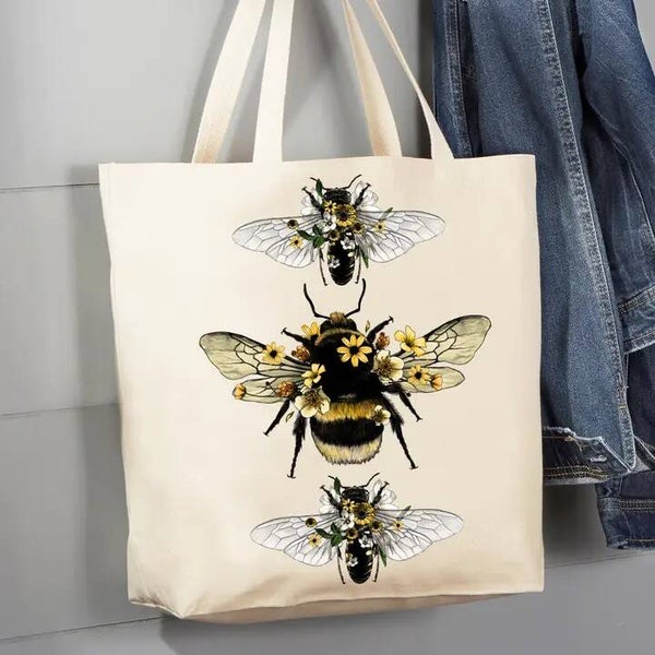 Vintage Bees Flowers Canvas Tote Bag
