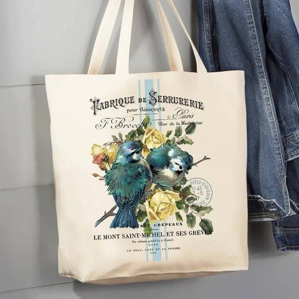 Vintage French Blue Birds Roses Canvas Tote Bag
