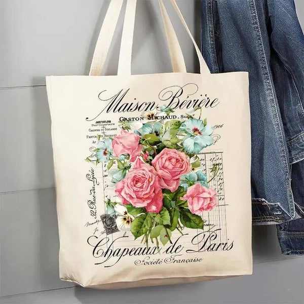 Vintage French Garden Roses Paris Canvas Tote Bag