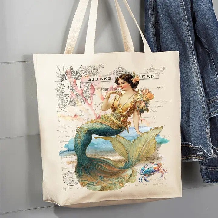 Vintage French Mermaid Coastal Canvas Tote Bag