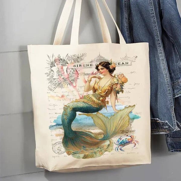Vintage French Mermaid Coastal Canvas Tote Bag