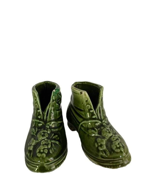 Vintage Green Glaze Boots with Floral Design Pottery