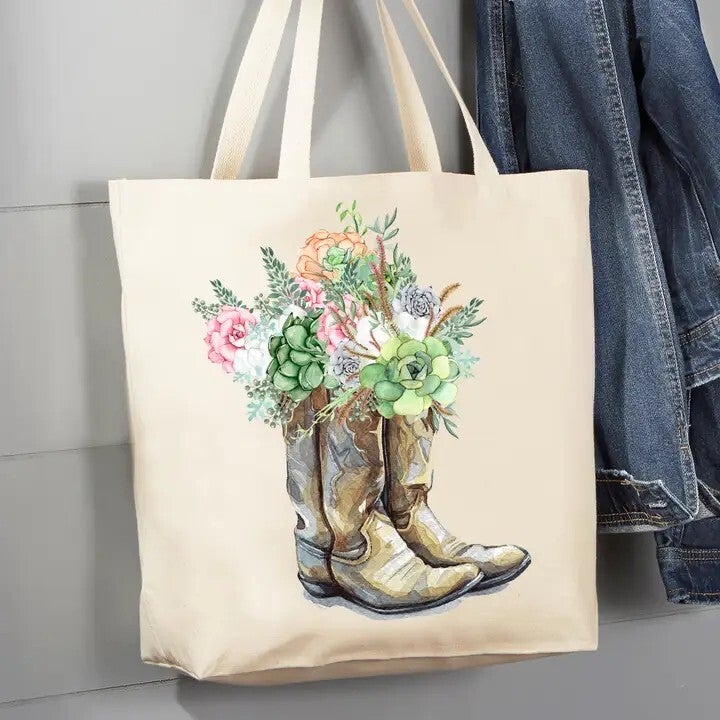 Western Cowboy Boots Succulents Canvas Tote Bag