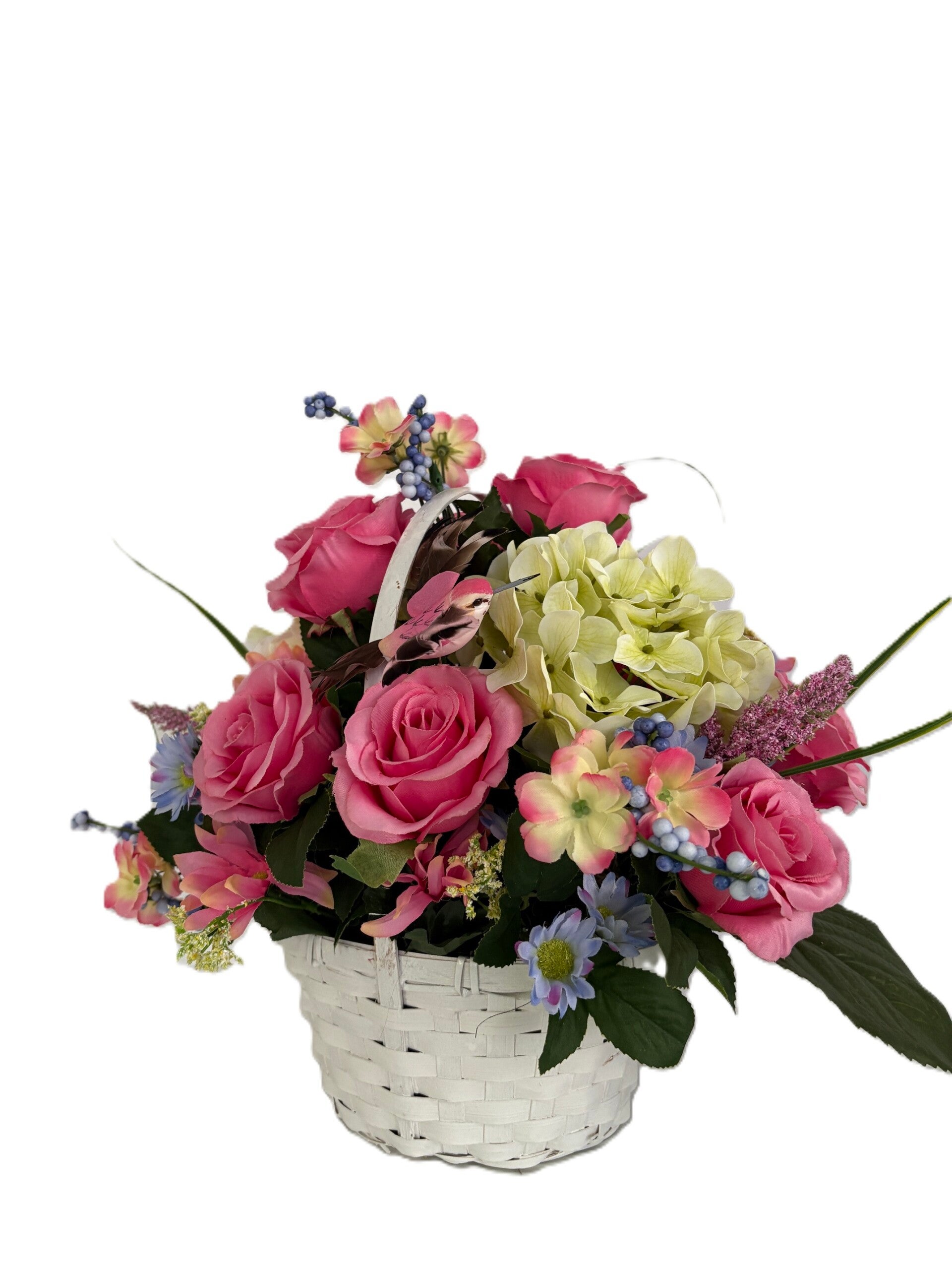Summer Floral Hummingbird White Basket Arrangement