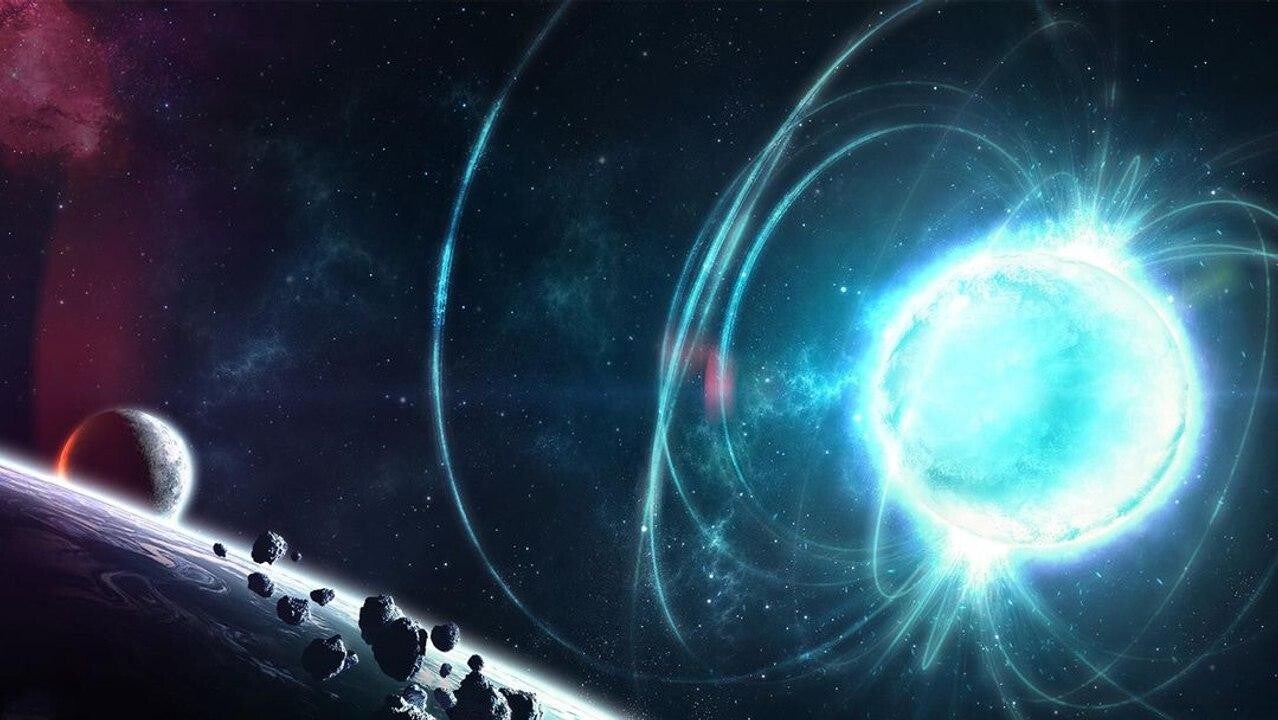 Concept illustration showing how a nearby neutron star could disturb planetary orbits in the Solar System.