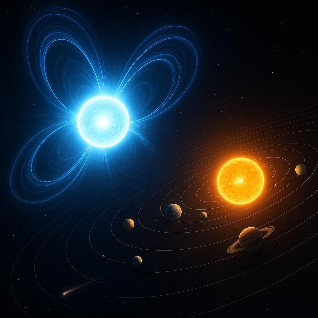 Concept illustration showing how a nearby neutron star could disturb planetary orbits in the Solar System.
