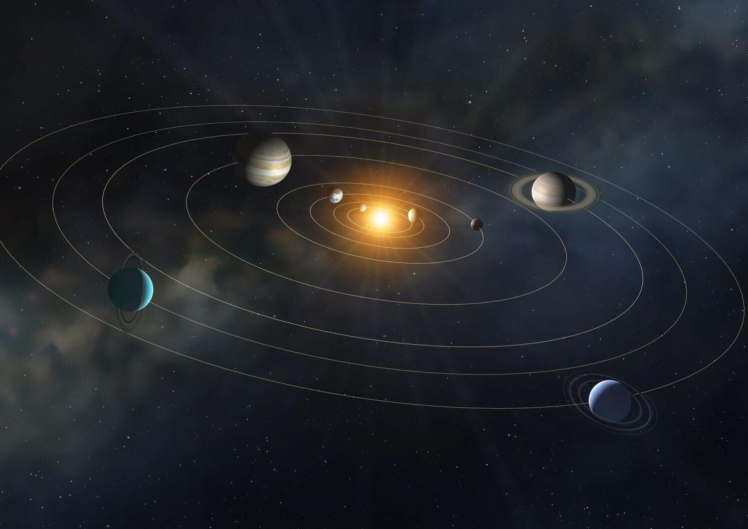 Illustration showing how a passing black hole could influence planetary orbits.