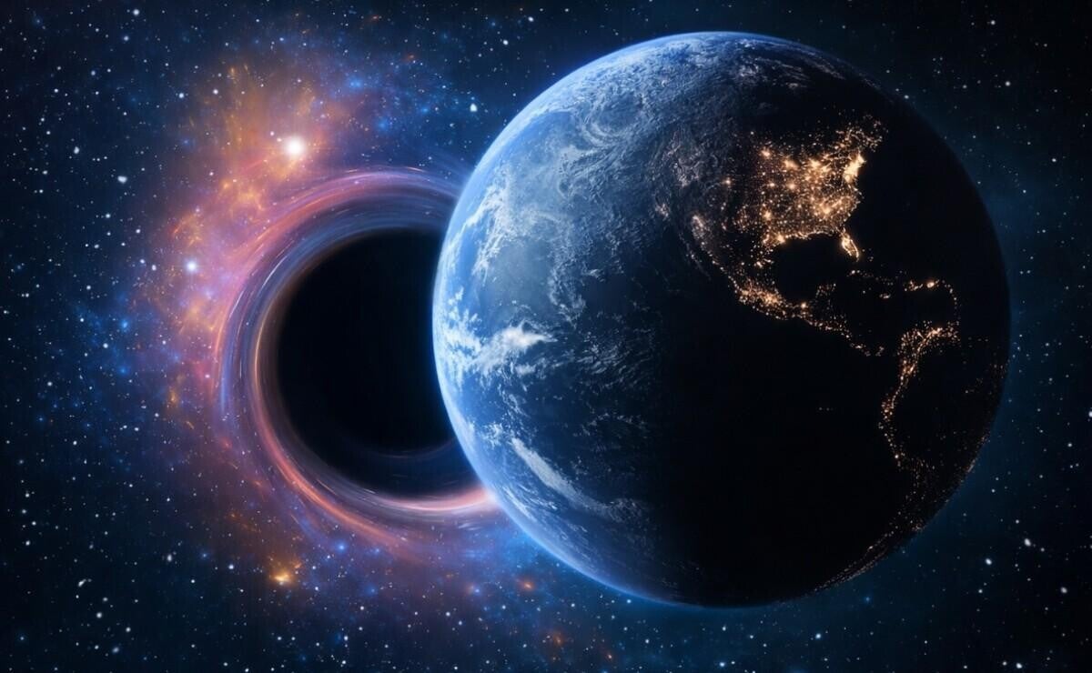 Earth viewed from space with a distant black hole far beyond the Solar System.