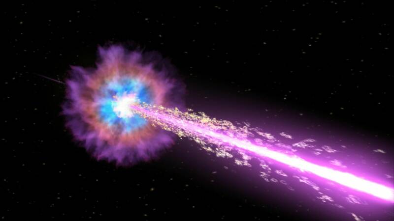 Artist's impression of a gamma-ray burst produced by a collapsing massive star.