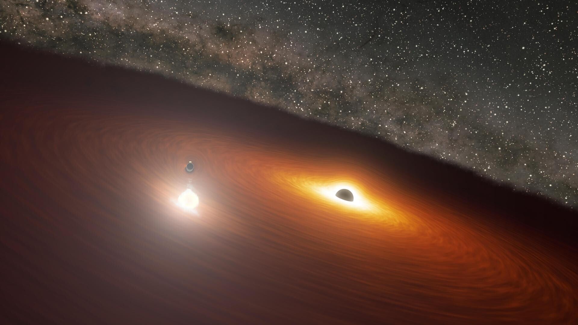 Artist's concept of a solitary rogue black hole drifting through interstellar space.