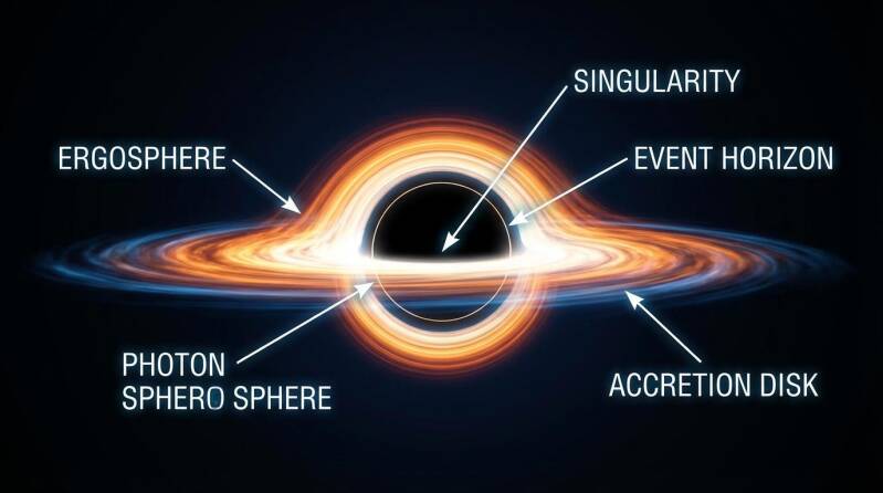 Illustration of a black hole surrounded by a glowing accretion disk and its event horizon.