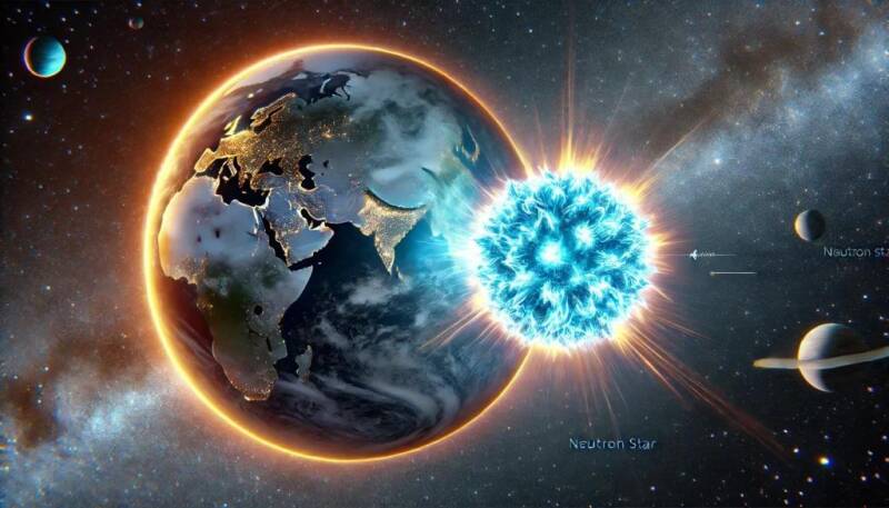 Concept illustration of Earth approaching a neutron star and experiencing intense gravitational effects.