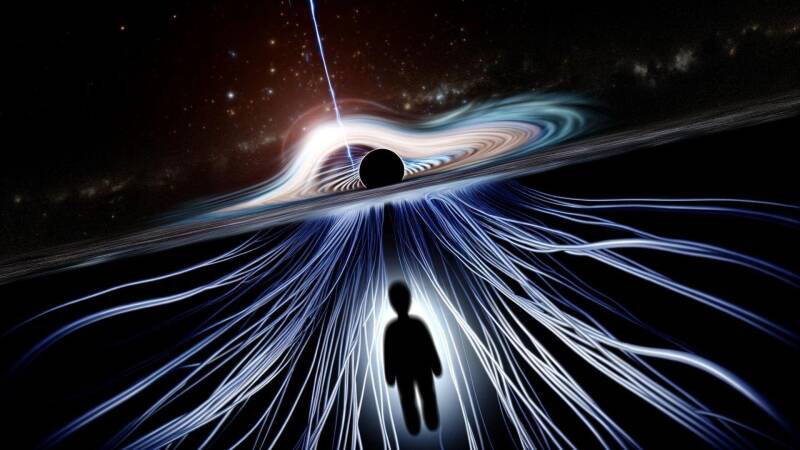 Visualization of tidal forces stretching an object near a black hole.