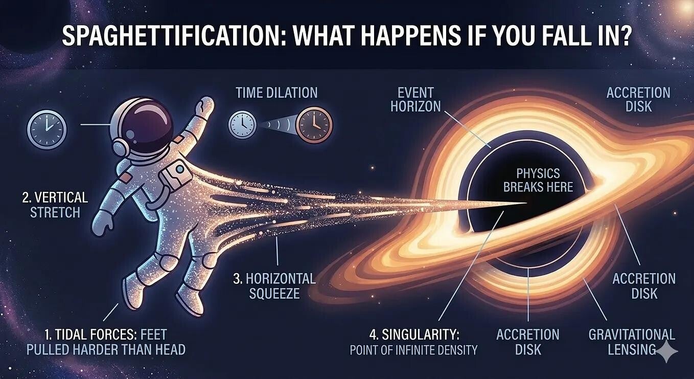 Visualization of tidal forces stretching an object near a black hole.