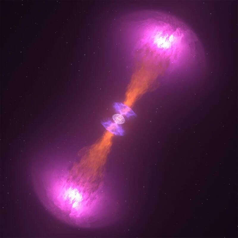 Artist's impression of two neutron stars colliding in a kilonova, releasing gravitational waves and heavy elements.