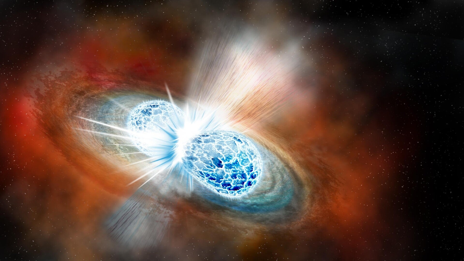 Artist's impression of two neutron stars colliding in a kilonova, releasing gravitational waves and heavy elements.