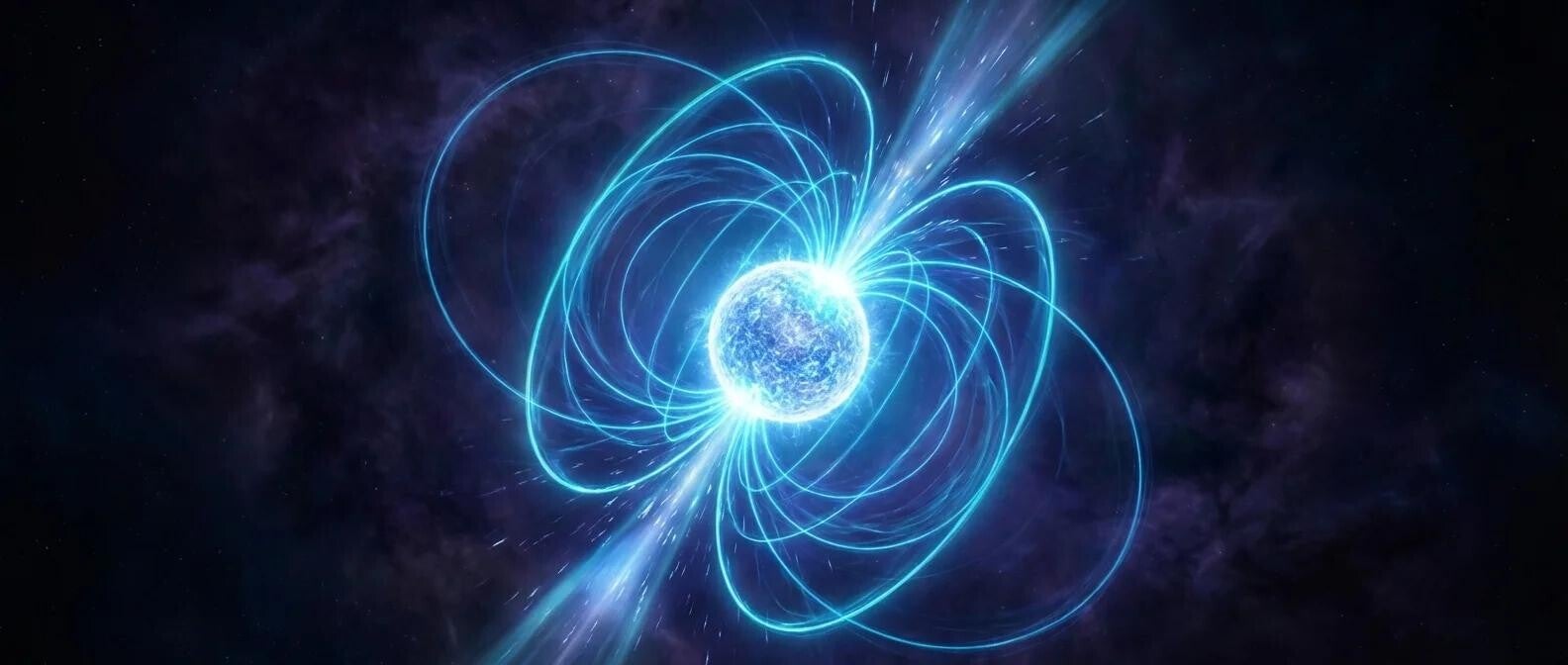 Artist's impression of a neutron star emitting intense radiation and powerful magnetic fields.