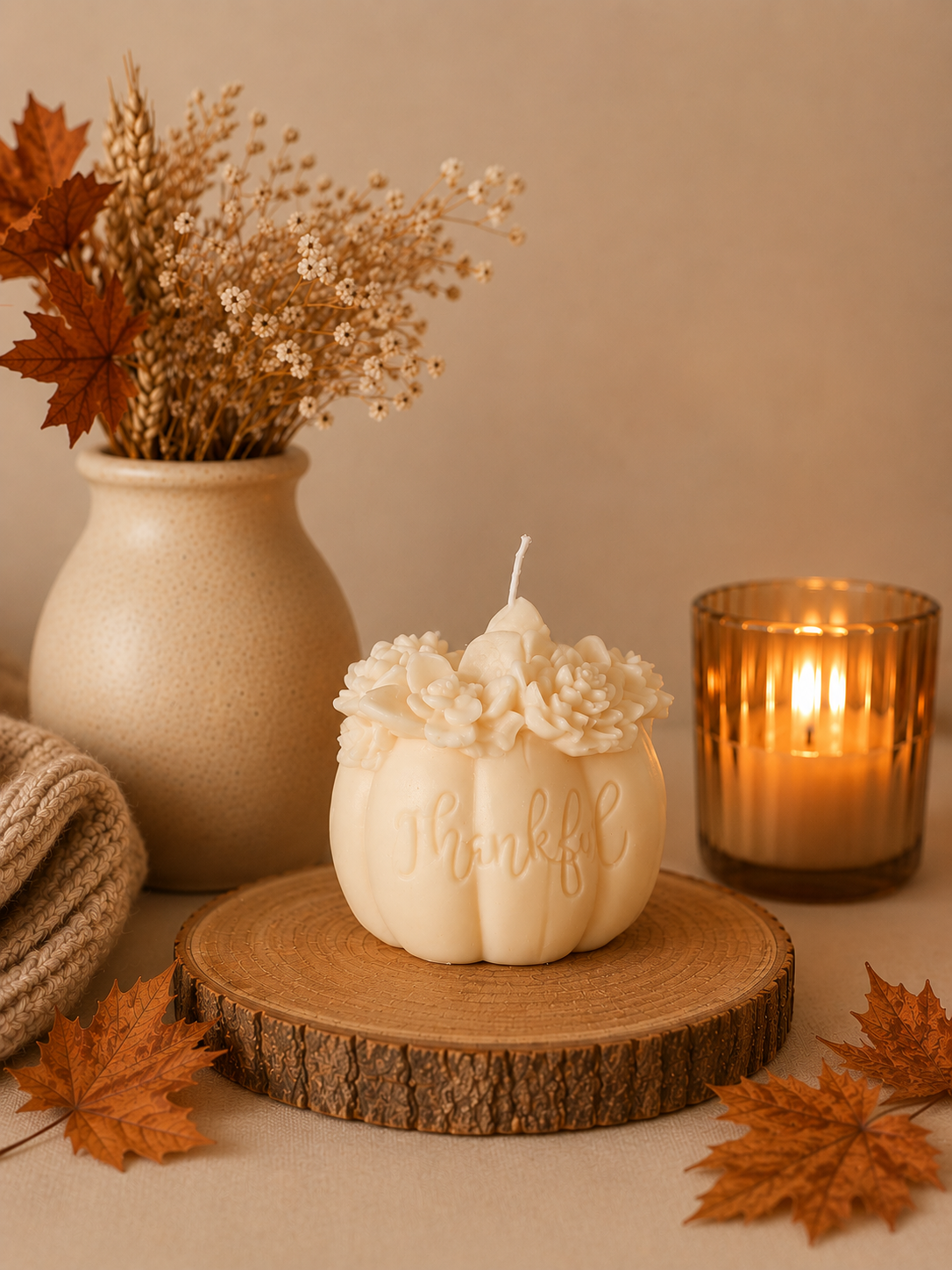 Bougie moulée « Citrouille Thankful »