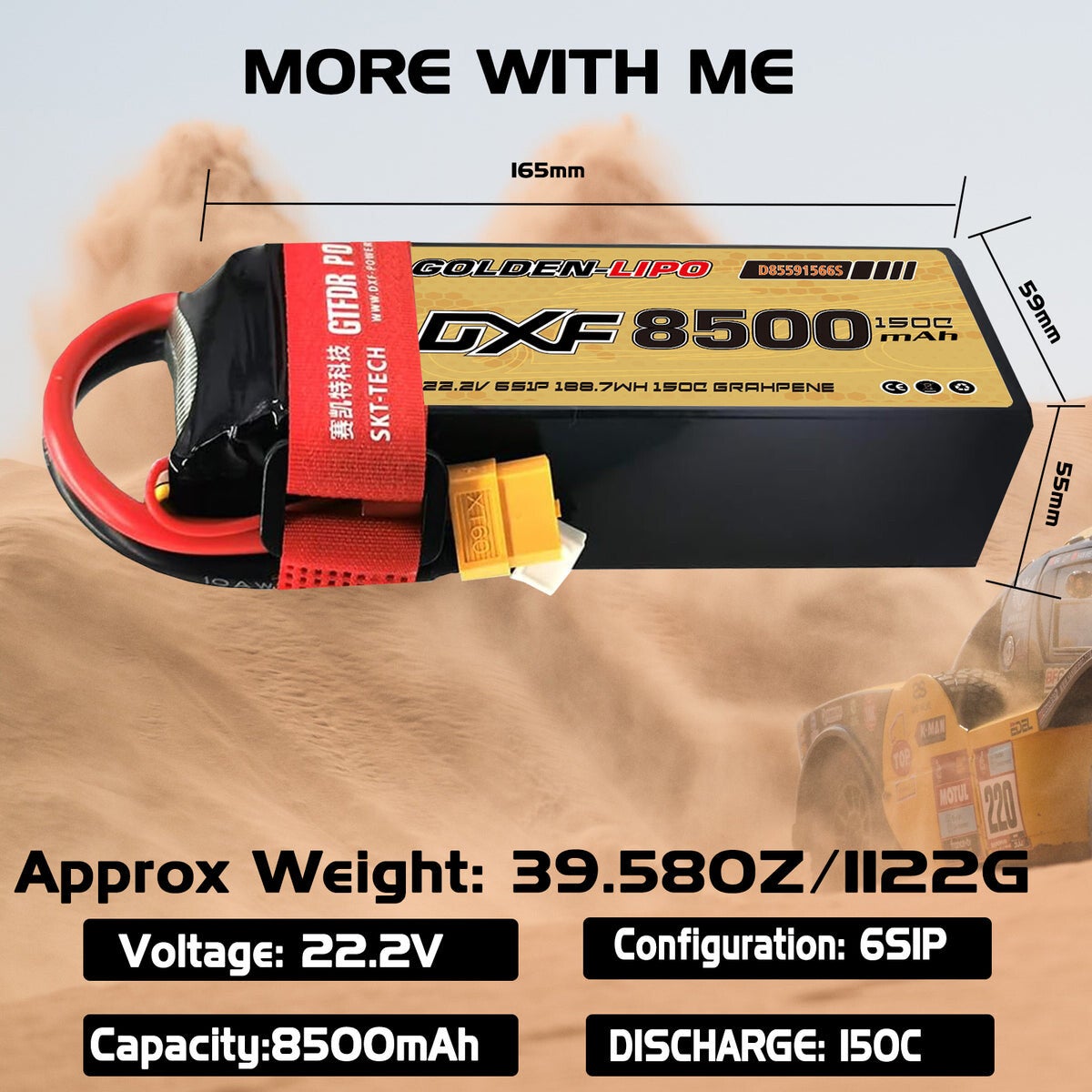 Batterie LiPo DXF 6S 22,2 V 150C 8500 mAh avec boîtier souple et connecteur EC5 XT90