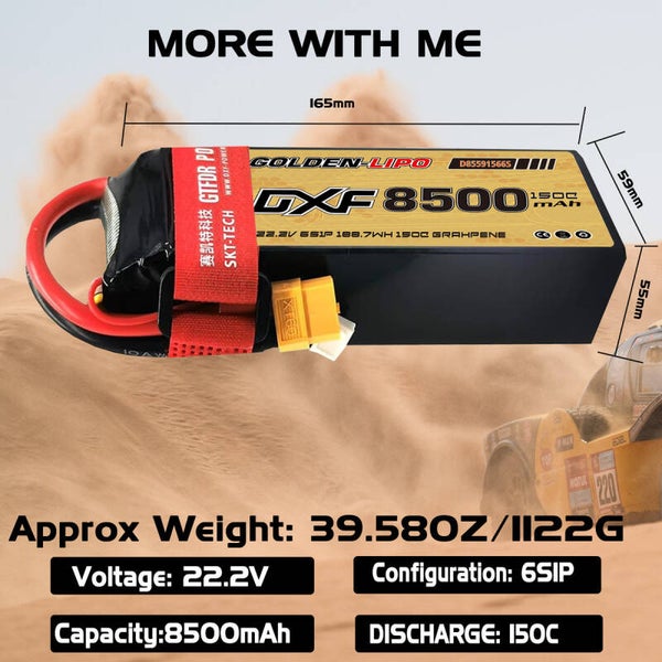 Batterie LiPo DXF 6S 22,2 V 150C 8500 mAh avec boîtier souple et connecteur EC5 XT90