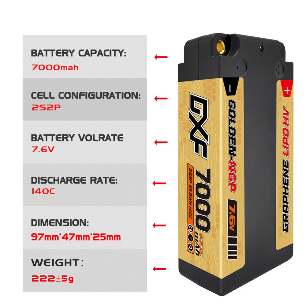 DXF 5mm 2S 7000mAh 7.6V 140C GOLDEN-NGP Batterie Lipo à haute capacité avec boîtier rigide