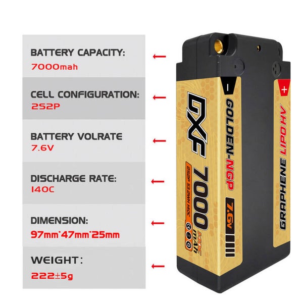 DXF 5mm 2S 7000mAh 7.6V 140C GOLDEN-NGP Batterie Lipo à haute capacité avec boîtier rigide