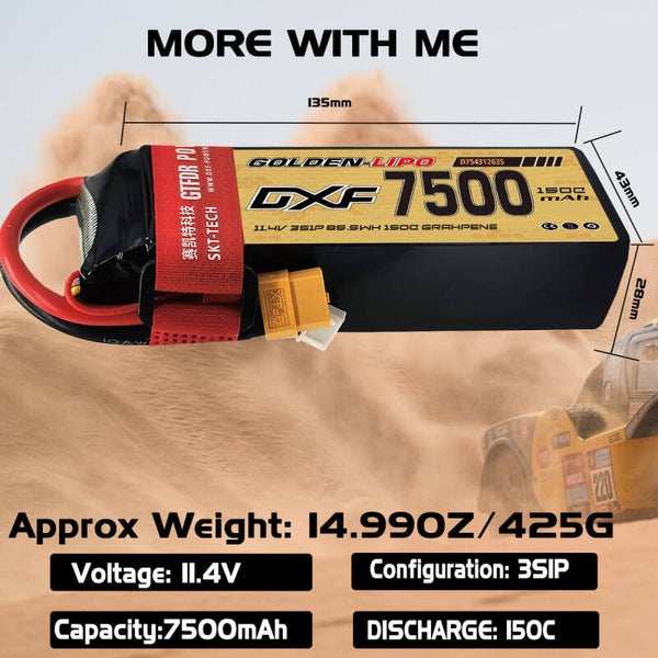 Batterie LiPo DXF 3S 11,4 V 150C 7500 mAh avec boîtier souple