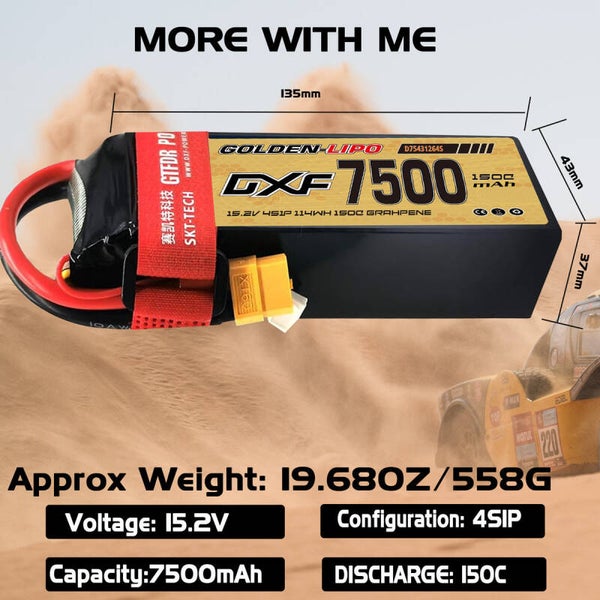 Batterie LiPo DXF 4S 15,2 V 150C 7500 mAh avec boîtier souple