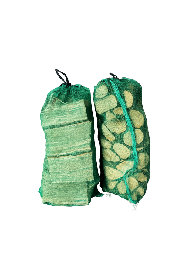 Hardwood logs netted bags.