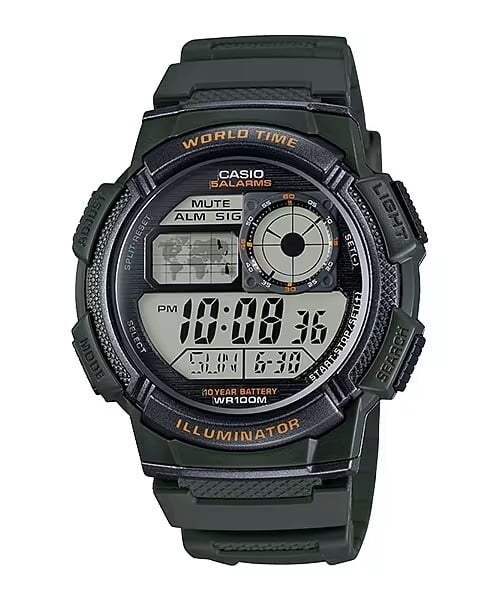 AE-1000W-3AVDF - CASIO SPORT Mod. WORLD TIME ILLUMINATOR 5 ALARMS, 10 YEARS BATTERY - ARMY GREEN