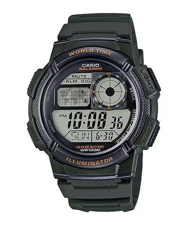 AE-1000W-3AVDF - CASIO SPORT Mod. WORLD TIME ILLUMINATOR 5 ALARMS, 10 YEARS BATTERY - ARMY GREEN