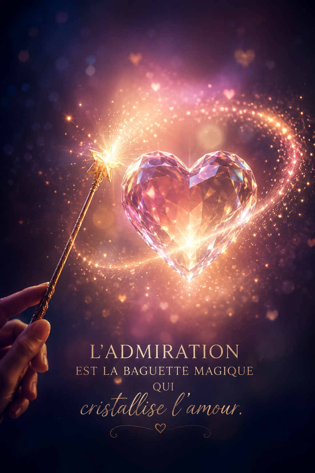 Magie de l'amour, coeur, création,  dans une lumière dorée — illustration évoquant l'admiration, l'amour et la connexion dans le couple, beauté relationnelle