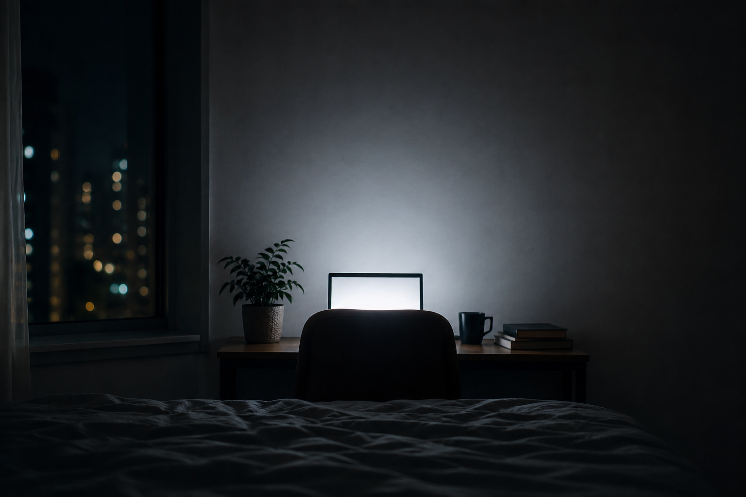 Personne seule devant un écran dans l'obscurité — illustration évoquant la solitude et la dépendance à la pornographie