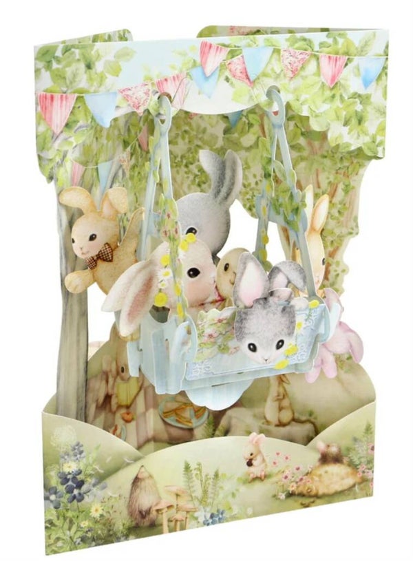 Rabbits on a swing boat Swinging card