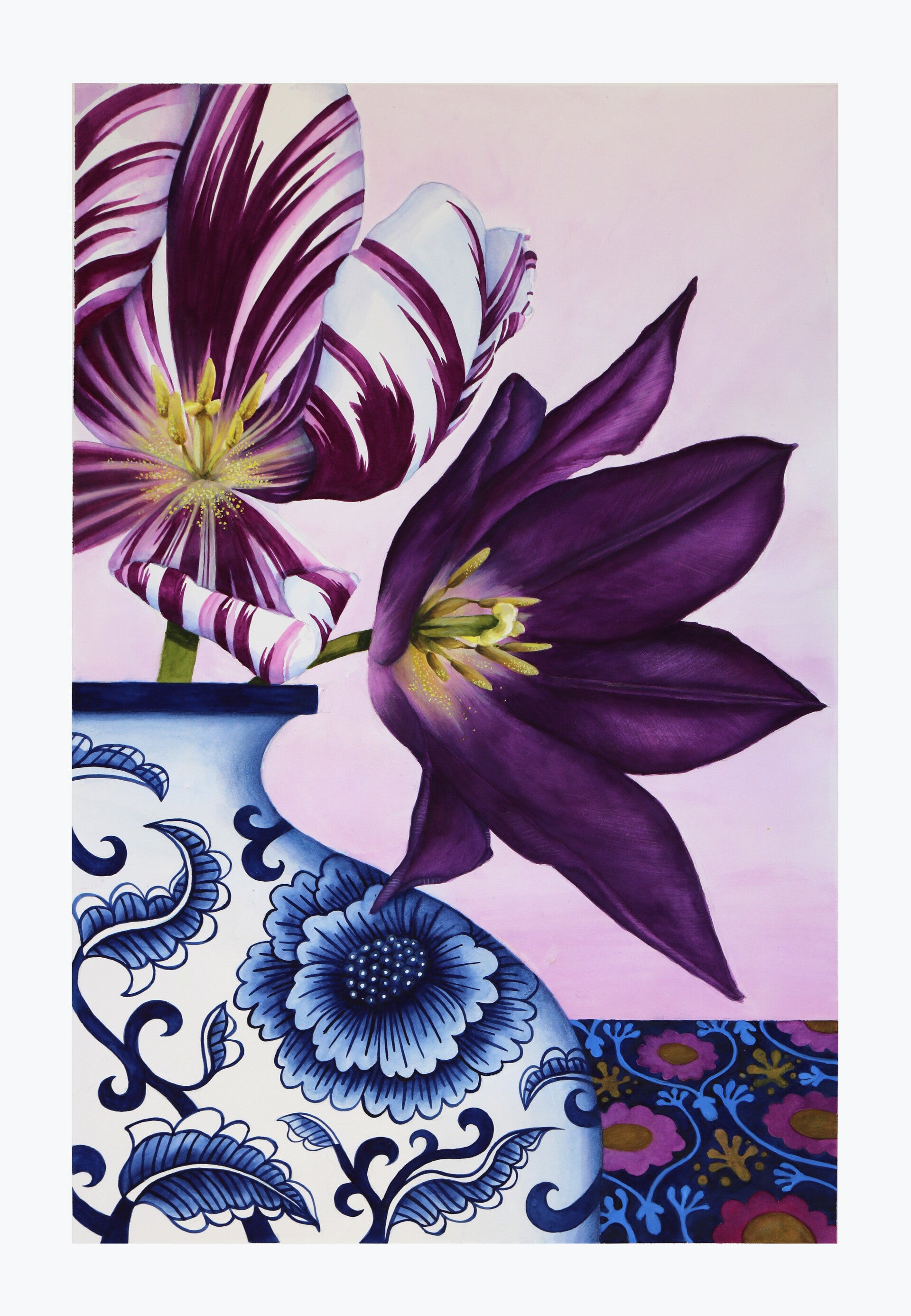 smuk akvarel med porcelains vase og lilla tulipaner. Negendahl art