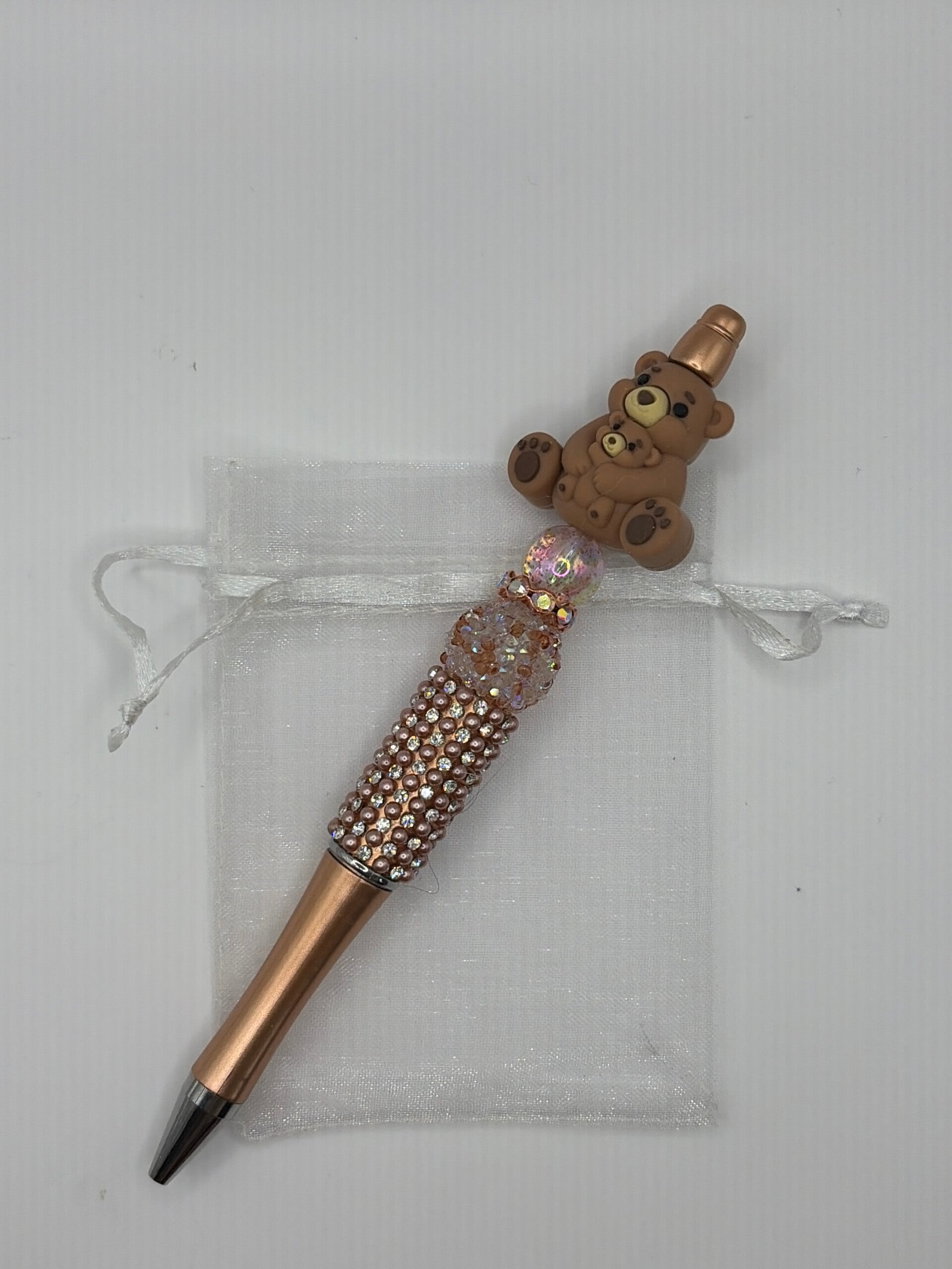 Pen metallic bruin met glitterrand met mama beer en baby beer