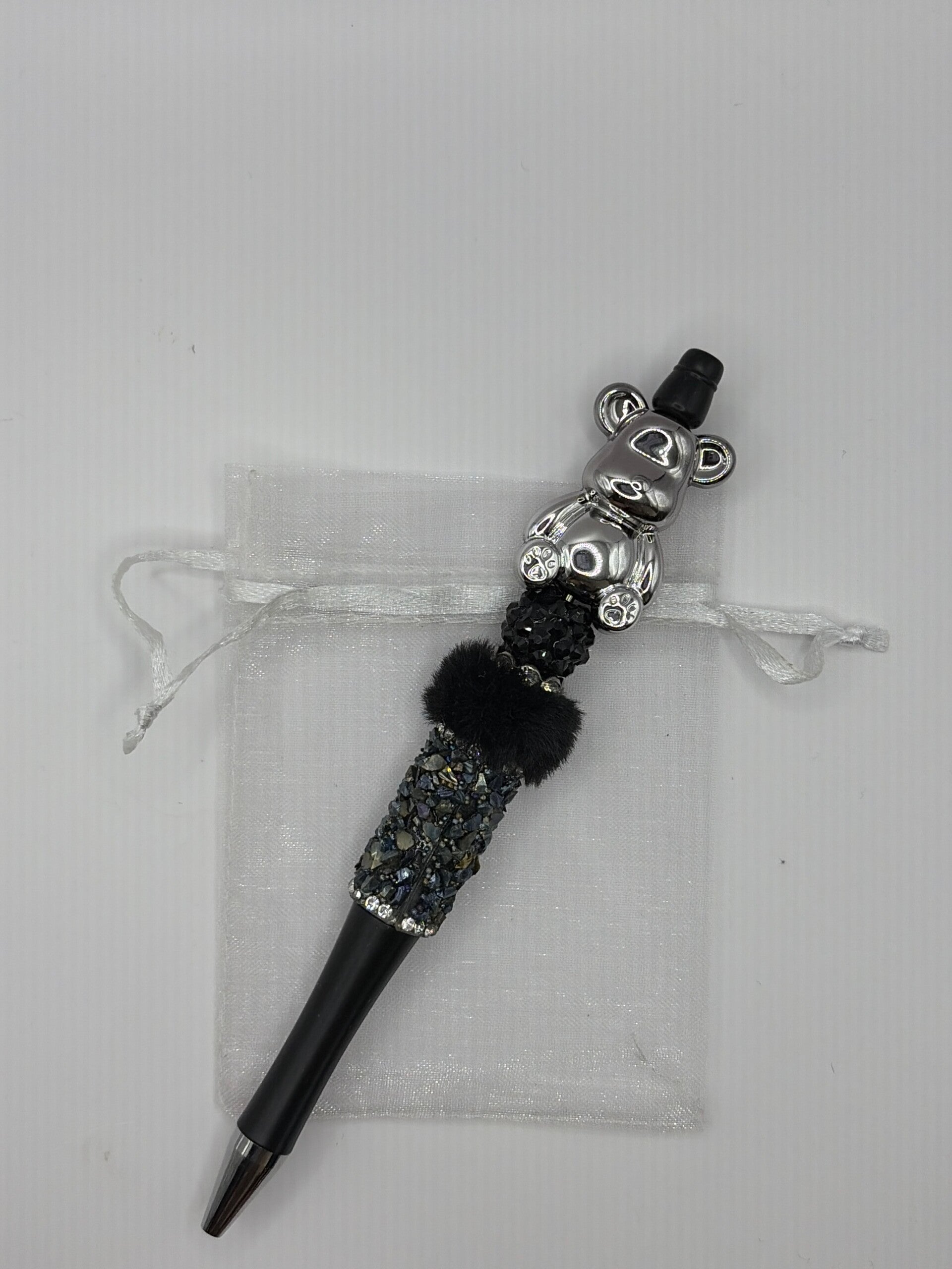 Pen zwart met glitterrand fluffy en brickbear zilver