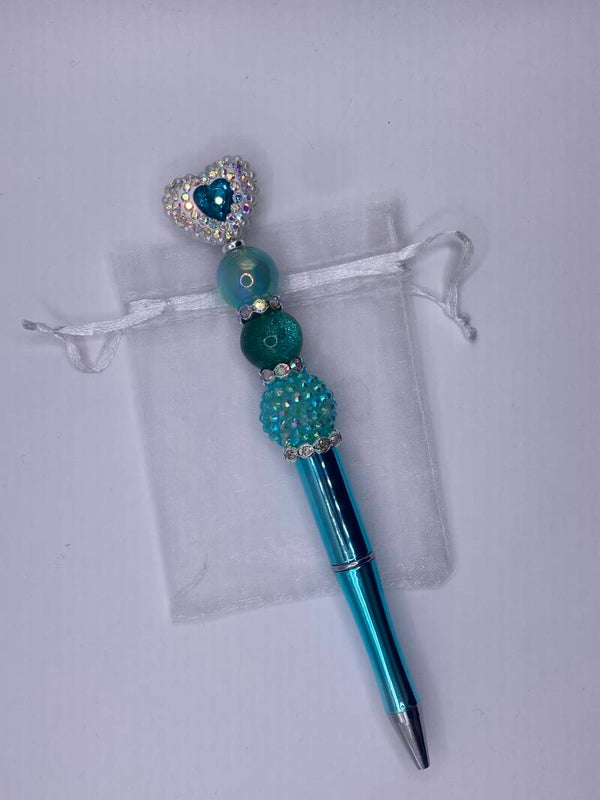 Pen blauw groen met hart zilver