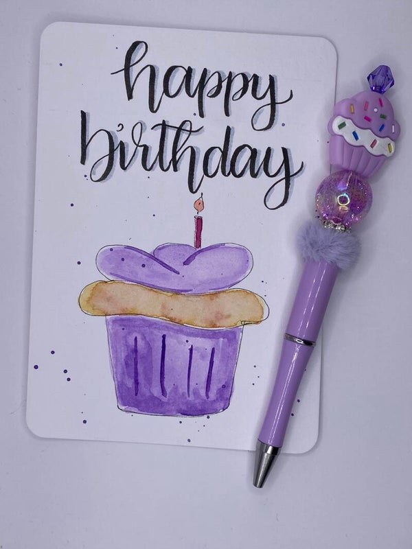 Kaart happy birthday paarse cupcake inclusief bijpassende pen