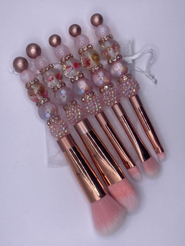 Make up kwasten set rose goud met bloemenkralen