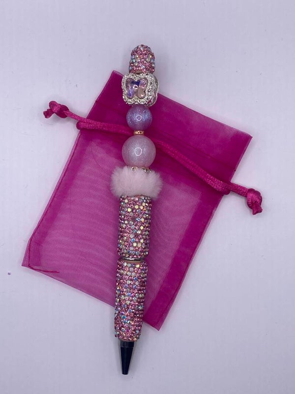 Rhinestone pen met vlinder roze