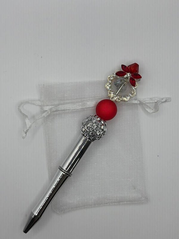 Pen zilverkleurig glanzend met focal rond strikje rood