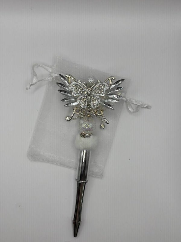 Pen zilverkleurig glanzend met vlinder en tangels
