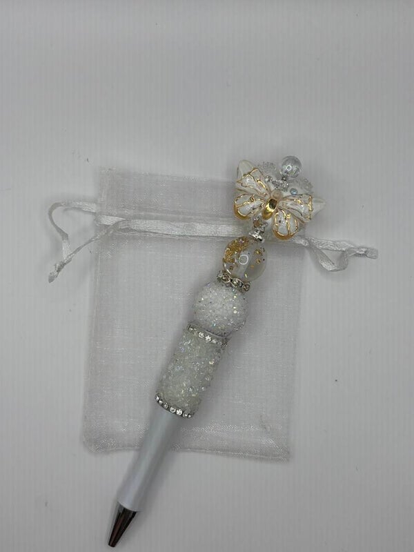 Pen parelmoer mat met suikerrand en vlinder wit/goud