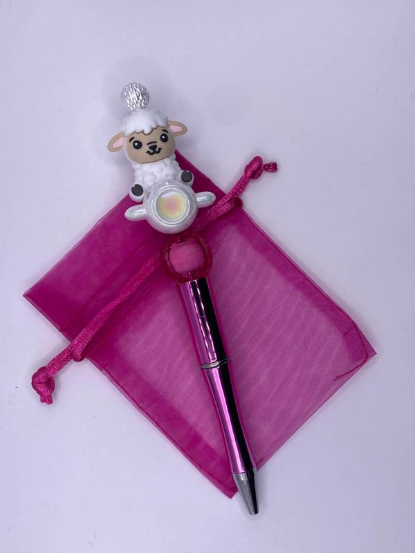 Pen metallic roze met schaapje in vliegtuig