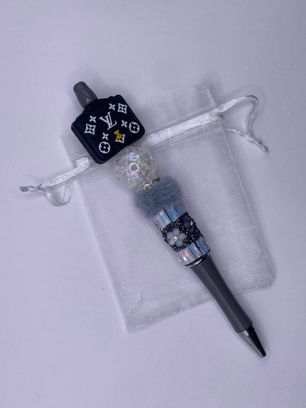 Pen met zwart tasje siliconen LV pen grijs met bloemen