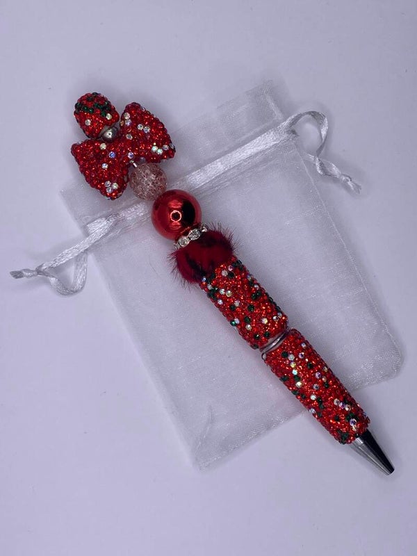 Rhinestone pen rood met groen glitter en Strass strik