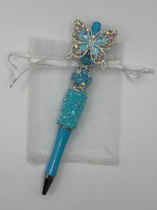 Pen blauw met glitterrand met grote fancy vlinder